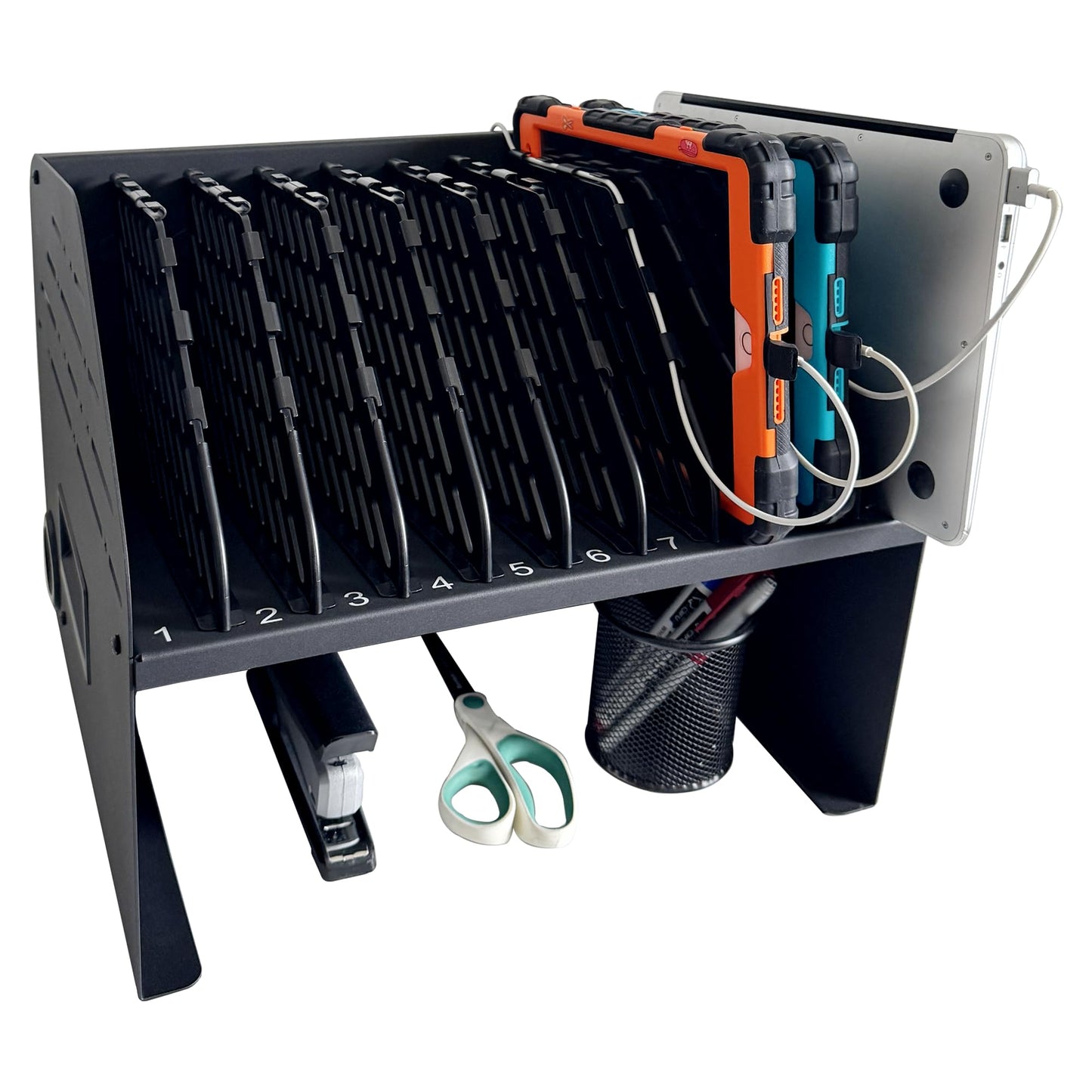 Plugsharge 10-Device Laptop & Tablet Charging Station with 6 AC Outlets & 4 Fast-Charging USB Ports, Charging Rack for Chromebooks, iPads & Devices Up to 15.6", Classroom, Office & Library Organizer