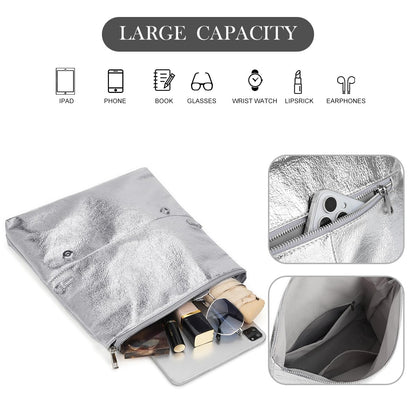 MXCMXC Women's Evening Clutch Bag Metallic Crinkled Leather Clutch Purse, Fold-over Handbag Envelope Purse with Hidden Magnetic (Silver)