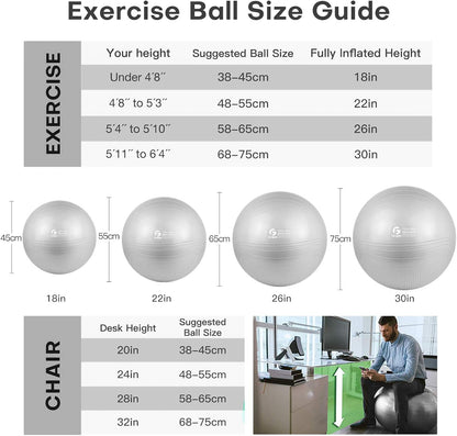 Gruper Yoga Ball, Multiple Sizes Non Slip Exercise Ball for Workout, Birthing, Balance, Stability, Pregnancy, 2200LB Capacity, Anti Burst Chair for Home and Office, Includes Quick Pump & Fitness Guide