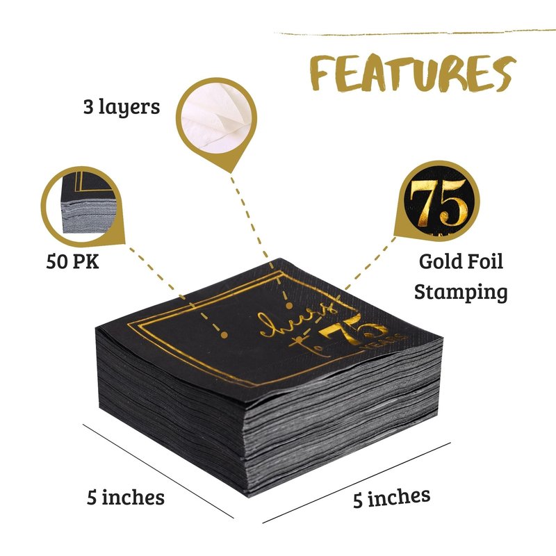 Cheers to Years Cocktail Napkins - 50 PK - 3-Ply Birthday Napkins 5x5 Inches Disposable Party Napkins Beverage Paper Napkins or Birthday Decorations Wedding Anniversary Black and Gold (75 Years)