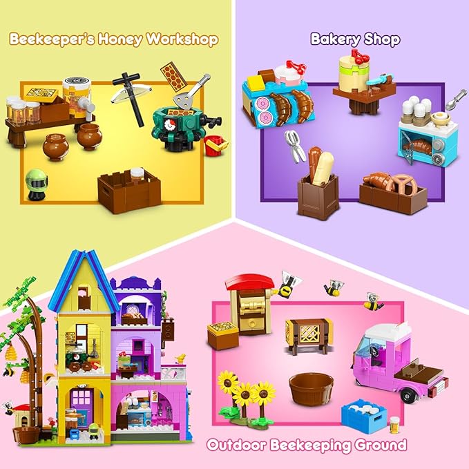 HOGOKIDS Beekeeping &amp Bakery House Building Toy with LED Light - 1084PCS Friends Girls Baking Building Set with Honey Workshop Pretend Play Birthday for Kid Girls Boys Ages 8-12+ Years
