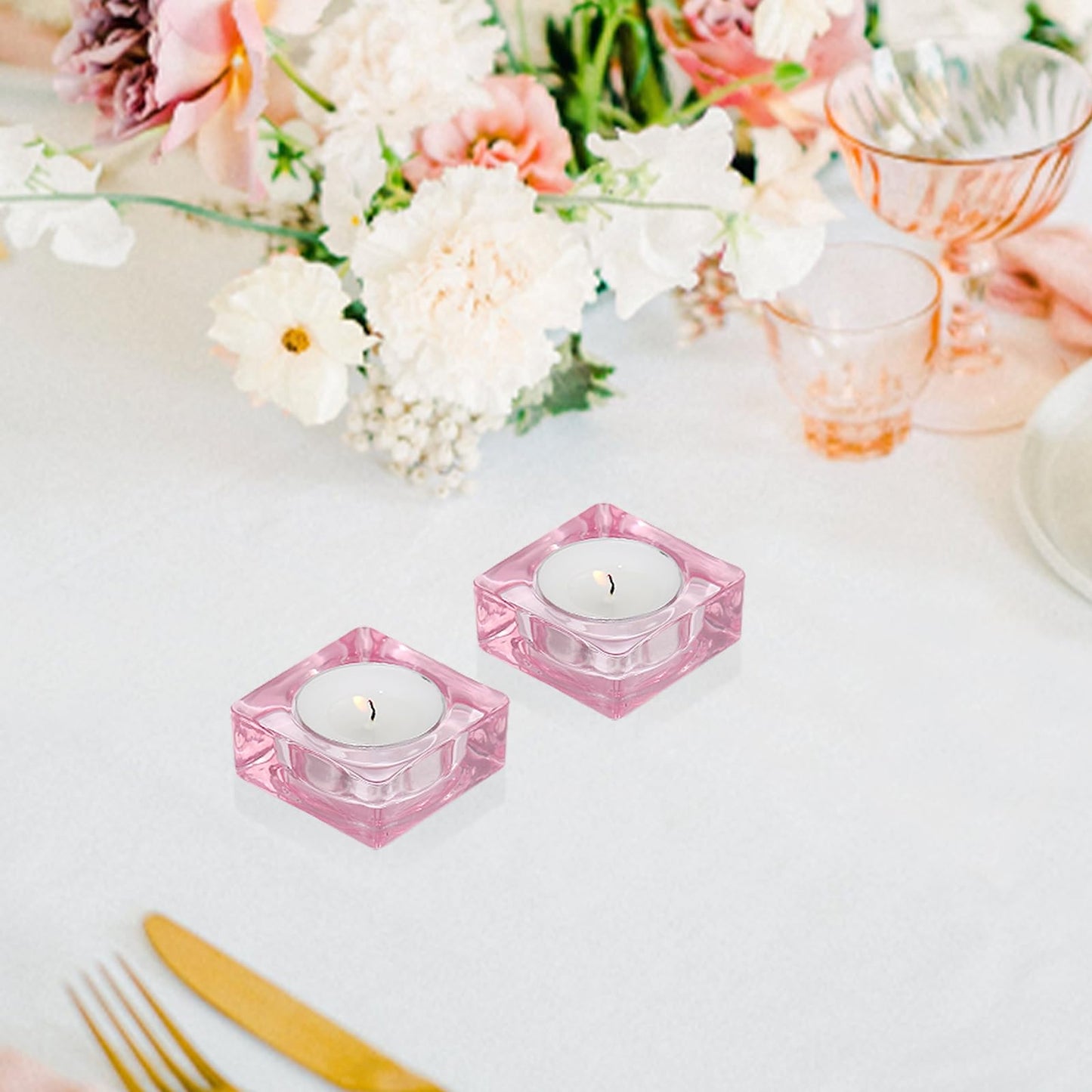 CHOCSTAY Tealight Candle Holder Set of 6, Pink Glass Candle Holder Heat-Resistant Square Holders for Wedding, Party, Home Décor