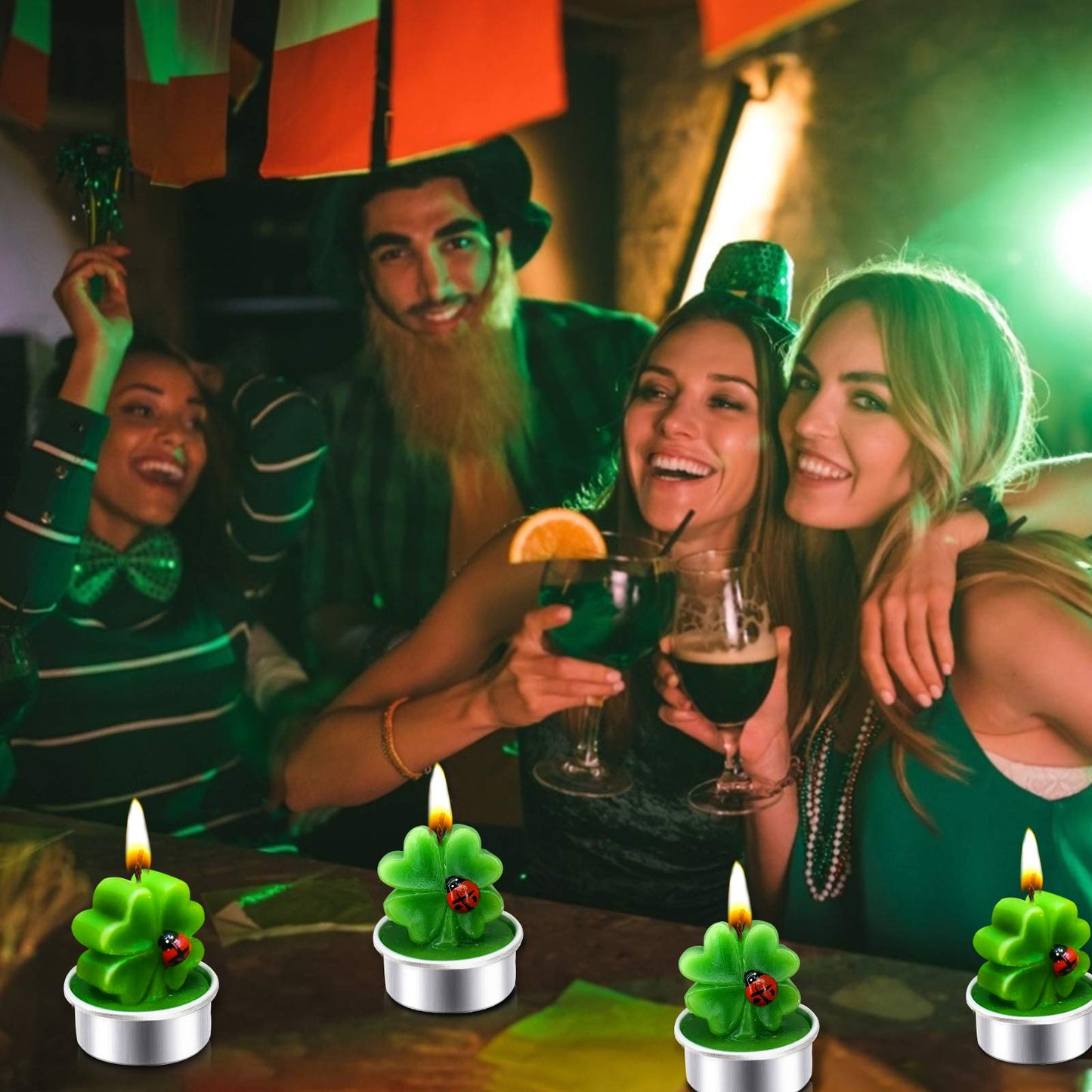 12 Pack St Patricks Day Decorations Green Tea Lights St Patricks Day Candles, Lucky Clovers Shamrocks Flameless Candle for St Patricks Day Accessories,St. Patricks Day Home Holiday Party Table Decor