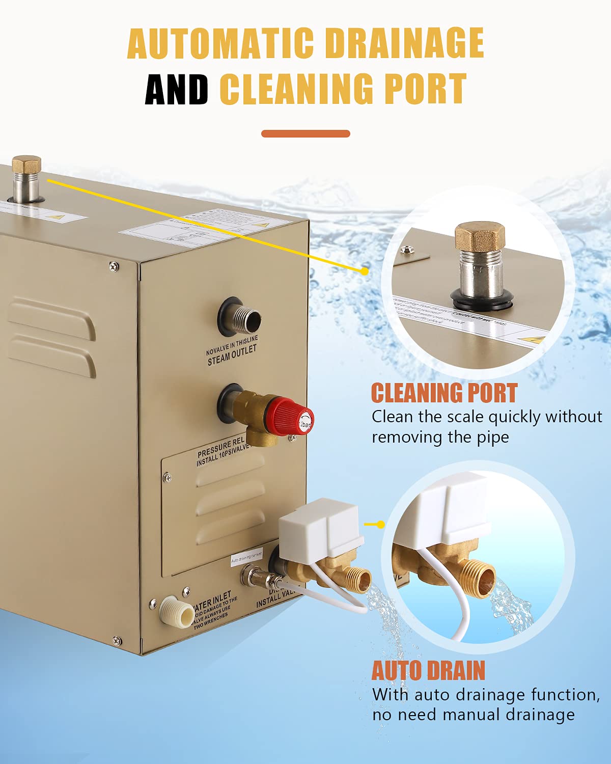 CGOLDENWALL 10.5KW Commercial Self-Draining Steam Generator Shower System Home Steam Bath Spa Generator 30 min to 12 Hours Auto Drain 95-131℉ for Suitable Space Heating 10.5 m³/371 Cubic feet (10.5KW)