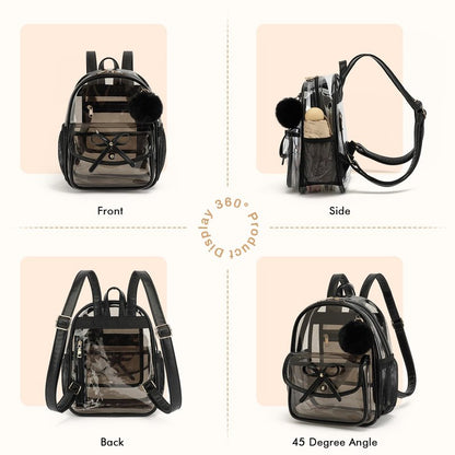 ASKSKY Clear Backpack for Stadium Events 12x12x6, Thick PVC Small Clear Bag with Leather Trim Fashion Women Backpack for Concerts, Sports, Festivals, Work, Travel-Black