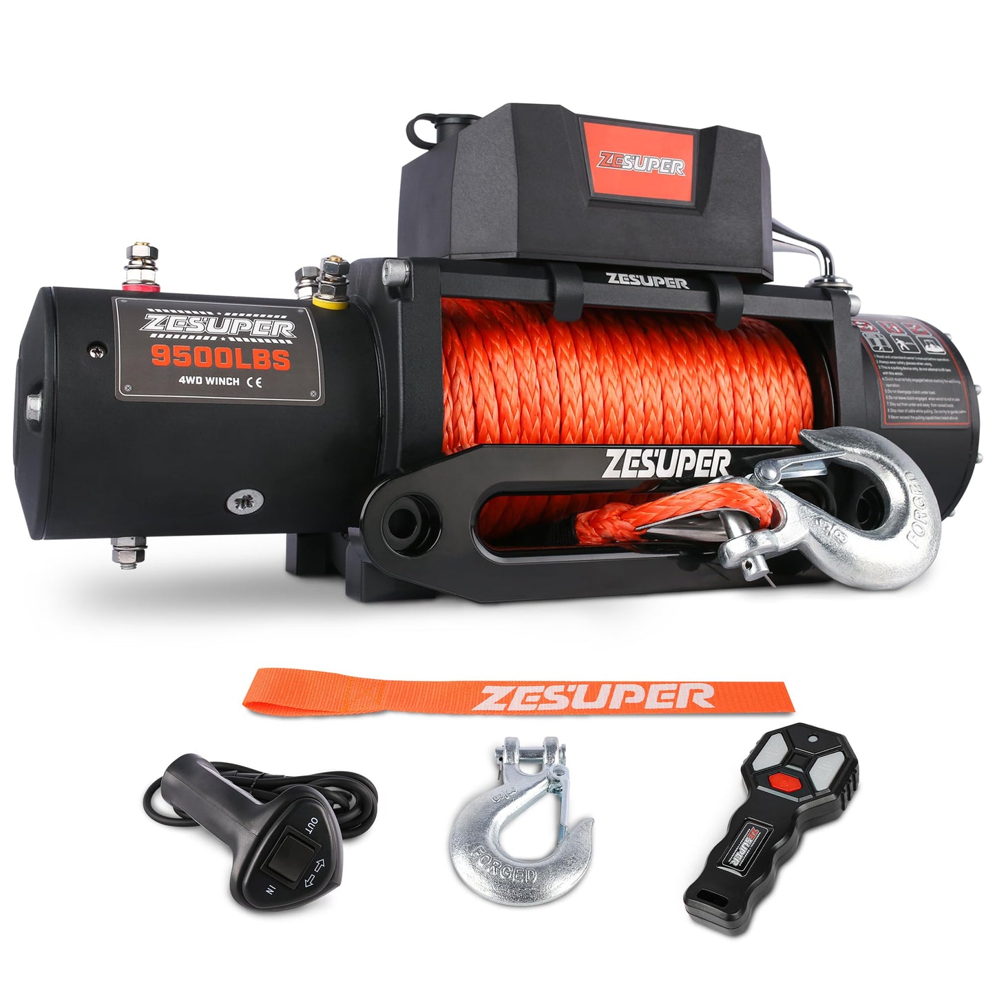 ZESUPER 9500 lb Load Capacity Electric Winch,12V Waterproof IP68 Winch with Wireless Handheld Remotes, Wired Switch,Hawse Fairlead, 80ft Synthetic Rope Winches for Jeep Trailer Truck Off-Road Vehicle