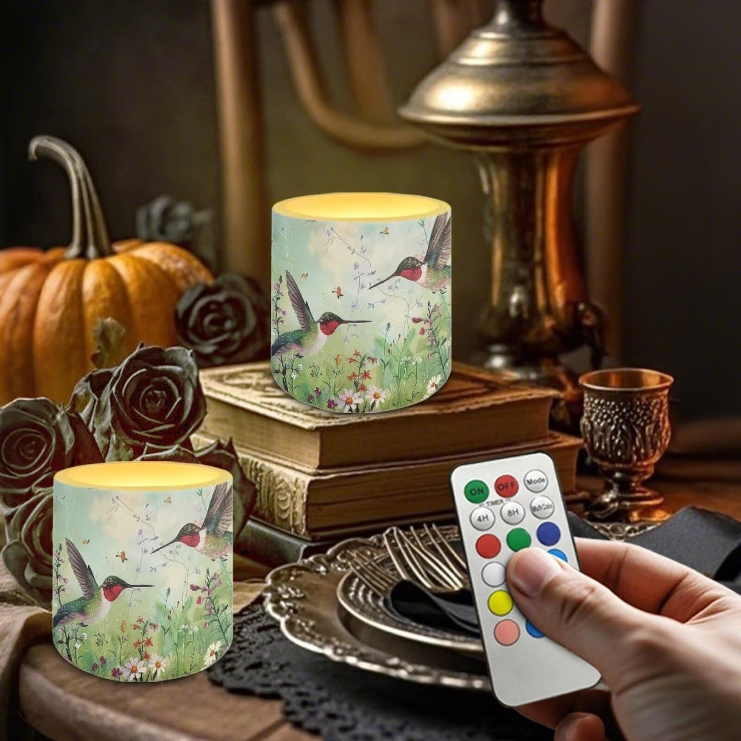 Cozeyat Hummingbird Battery Operated Flameless Candles Set of 4 with Remote Timer LED Pillar Candles Dancing Flame Waterproof for Indoor Outdoor Table Garden