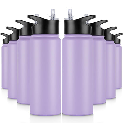 VQRRCKI 24 oz Insulated Water Bottle Bulk 8 Pack, Stainless Steel Sports Water Bottles with Straw Lid & Wide Mouth Lids, Double Walled Vacuum, Leak Proof, Purple