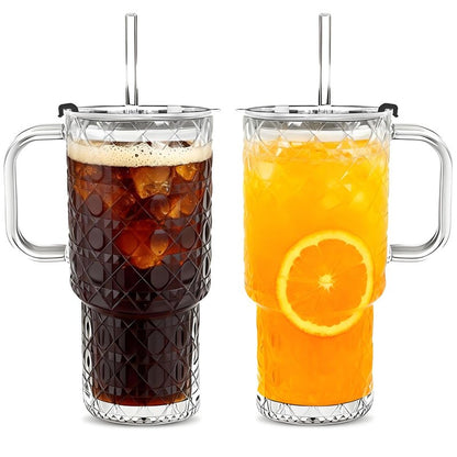 Snextek 18oz Glass Tumbler with Lid, Glass Straw & Handle, 2-Piece Set, Thickened for Iced Coffee, Smoothies, Cocktails, Home Office Travel (Gemstone)