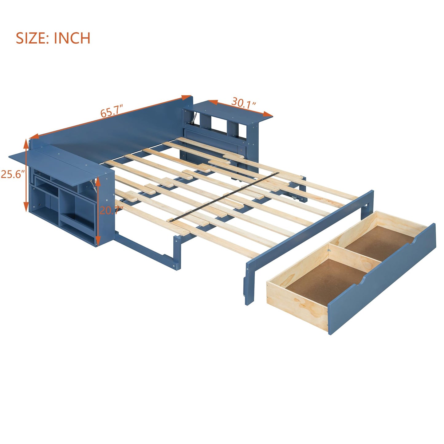 Merax Full Size Daybed with Removable Desk, Storage Drawers & Hydraulic Side Table, Blue