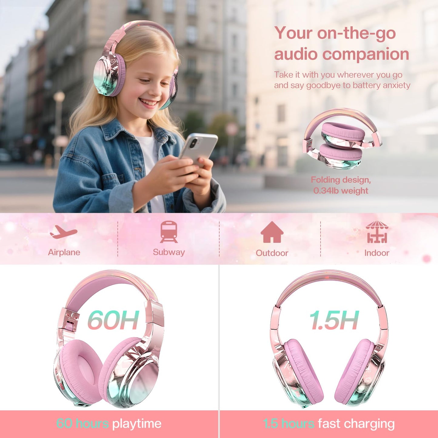 QearFun Kids Bluetooth Headphones, 60H Playtime, 74/85/94dB Safe Volume Limit, Metallic Gradient Wireless Headset with HD Mic, Fast Charging, Foldable, Wired 3.5mm Mode for School/Tablet/Travels