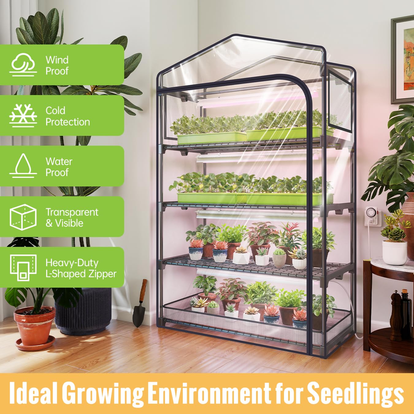 SpeePlant Indoor Greenhouse with Grow Light, 4-Tier Plant Shelf with T5 1.6FT 32W Full Spectrum LED Grow Light for Seed Starting, Succulent, Settable Timer Socket, 39" L x 19" W x 64" H