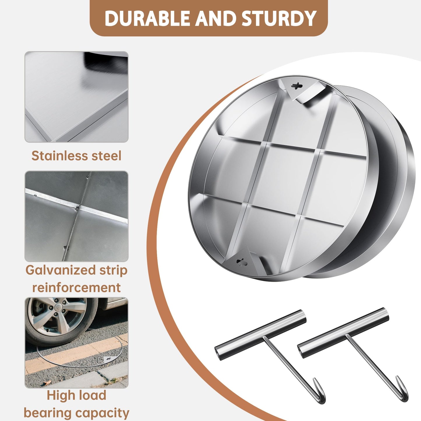 24 inch Stainless Steel Invisible Manhole Cover, Round Embedded Septic Tank Cover with Frame and Lifting Hooks, for Yard/Pavement