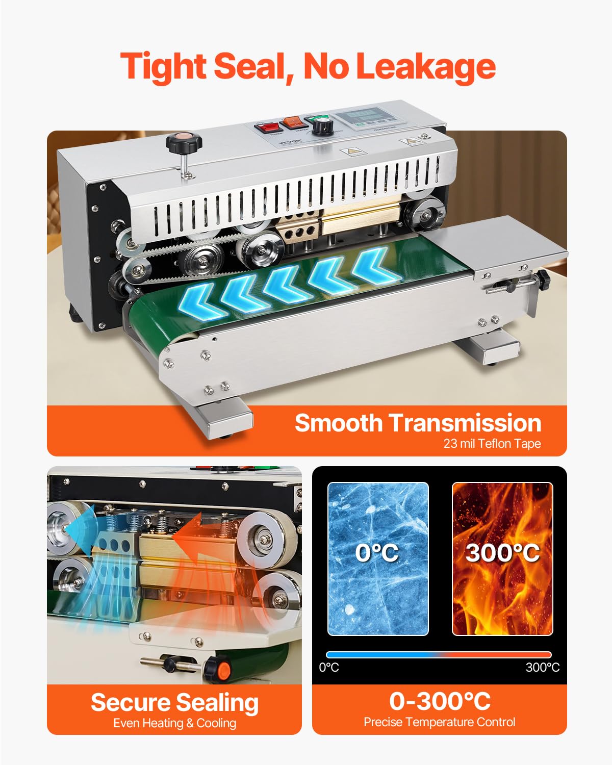 VEVOR Continuous Bag Band Sealing Machine, 0.24-0.47 in/6-12 mm Seal Width, Horizontal Band Sealer Machine with Digital Temperature Control Stainless Steel Bag Sealer for 0.02-0.8 mm Plastic Bag Film