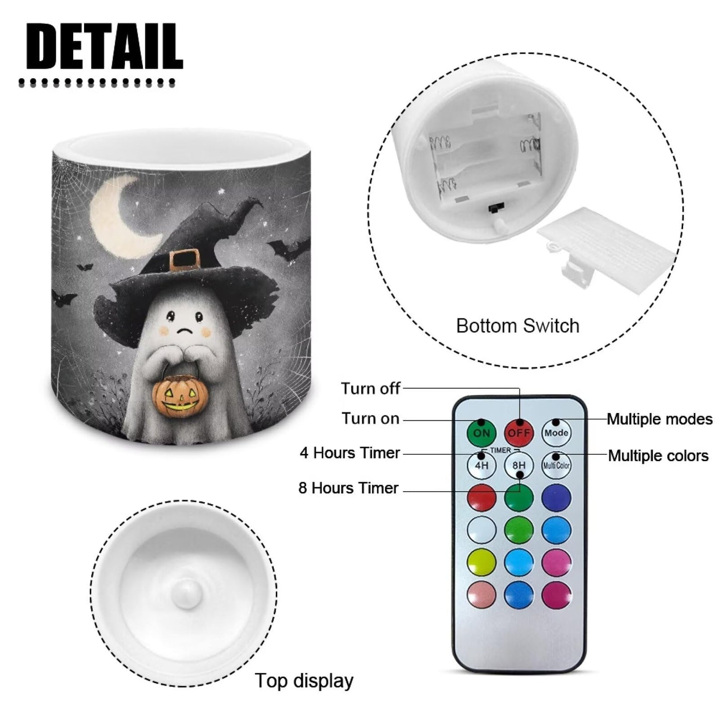 Merkmak Halloween Flameless Candles with Remote Battery Operated Candles with Timer Flickering LED Battery Operated Elictric Pillar Tealights for Home Decorations, Moon Ghost Spider Web