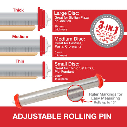 Adjustable XL Pastry Rolling Pin w/ 3 Spacer Rings- Adjust Dough Height for Consistent Thickeness- Heavy Duty NonStick Stainless Steel French Roller 17" Barrel- Bake Easter Cookies, Bread, & Pasta
