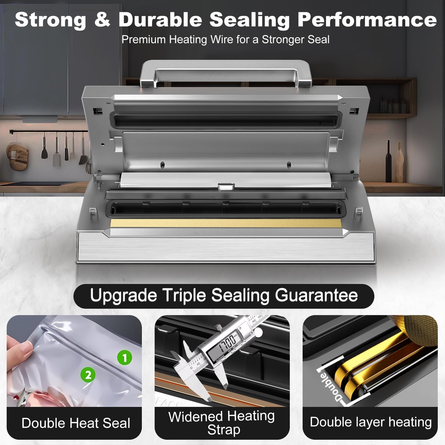Precision Food Vacuum Sealer Machine, POWOT Fully Automatic Vacuum Sealing System, Commercial Food Vacuum Saver Pro, Double Heat Seal, Easy-Lock Handle, Built-in Cutter&Bag Storage, Hose&Bag Rolls
