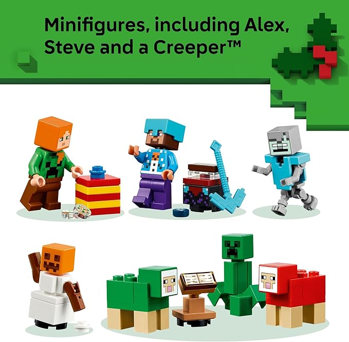 LEGO Minecraft Advent Calendar 2025 Building Toy - Kids Holiday Countdown Set for Boys &amp Girls Ages 7+ - 24 Buildable Surprises &amp 8 Minifigures for Gamers - Collectible Gift for Christmas - 2