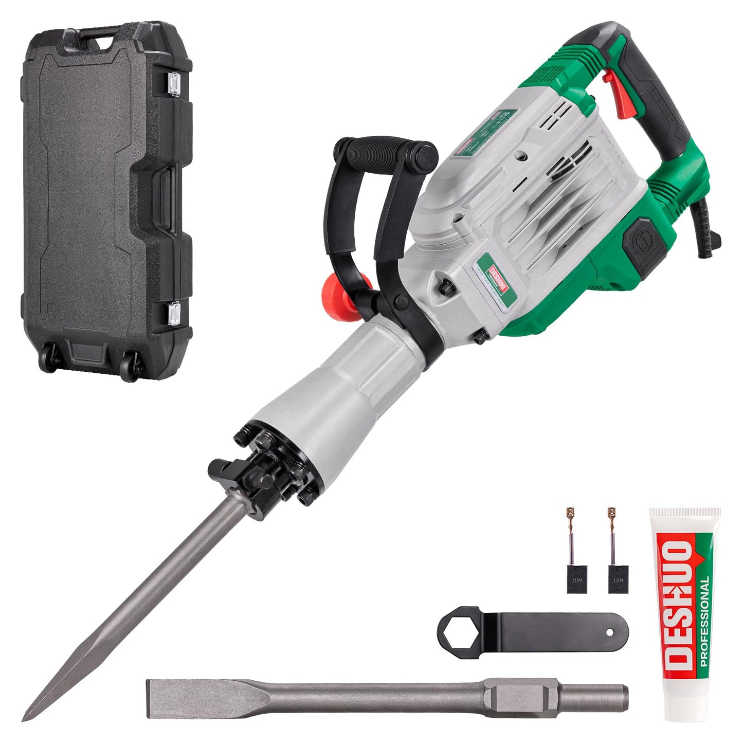 Deshuo 30 lb. Demolition Jack Hammer with 1-3/16" Hex Shank, 1700W 14-Amp Heavy Duty Corded Electric Concrete Demo Chipping Breaker with Carrying Case, Flat & Bull Point Chisel