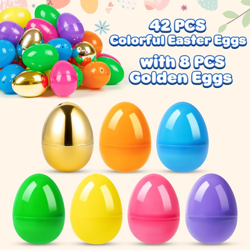 Jumlys 50 PCS 2.4" Plastic Easter Eggs, 42 PCS Empty Easter Eggs Bulk with 8 Golden Eggs, Fillable Eggs with Hinge, Perfect for Easter Hunt, Basket Stuffers Fillers and Easter Theme Party Favors