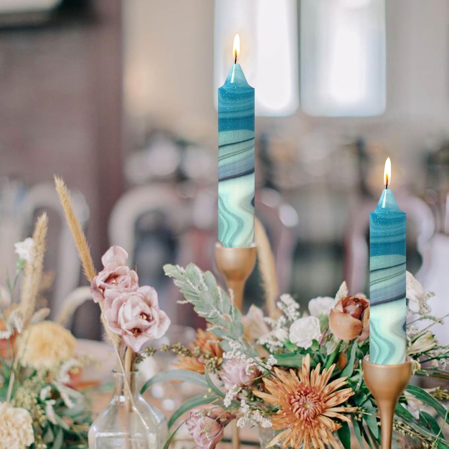 Floral Taper Candles 7inch Unscented Long Chinoiserie Candlesticks Handmade Dripless Marble Candle Sticks for Emergency, Wedding Home Décor Festive Seasons Holiday 4pcs