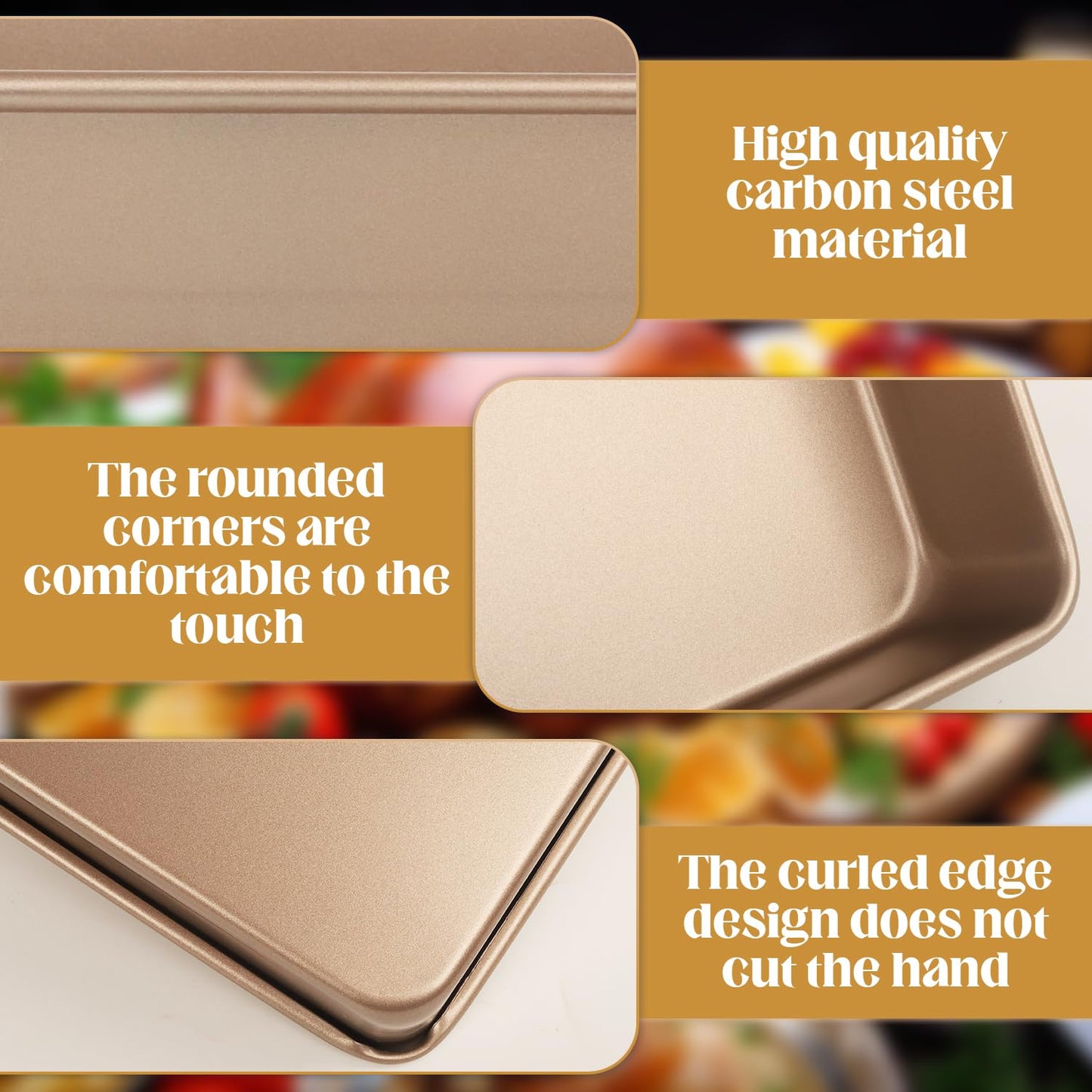 Set of 6 Nonstick Baking Pans, 11-Inch Rectangle Cake Sheets, Bread Loaf & Turkey Roasting Trays, Carbon Steel Bakeware, Pink Oven Baking Trays for Bread & Cake (Gold)