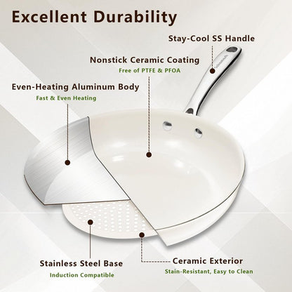 SAKAMOSH 8" Ceramic Frying Pan Nonstick, Small Skillet, Cooking Pan Non Toxic with Stay Cool Handle for Induction, Chef's Pan, PTFE & PFAS & PFOA Free, Dishwasher/Oven Safe, White