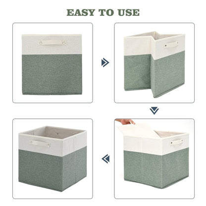 FinishingBo 13 x 13 Inch Fine Linen Storage Bins with Handles，Fabric Cube Boxs，Basket Organizers for Shelves for Home, Closet Drawers (White/Green-4 Pack )