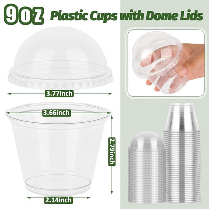 GGOLDMER 150 Pack 9 oz Clear Plastic Cups with Lids No Hole, Dessert Cups Disposable Cups with Lids for Ice Cream, Fruit, Pudding, Cake, Cold Drinks, Smoothie and Snacks, PET