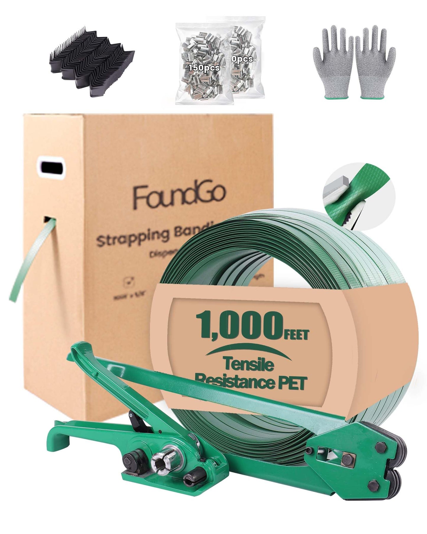 FoundGo PET Banding Strapping Kit for Heavy Duty Tough Pallet Packaging Strapping Tool with >1500lbs 5/8" x 1000' PET Strapping Roll & its own Pull-Out Box 100 Corner Protectors 300 Seals