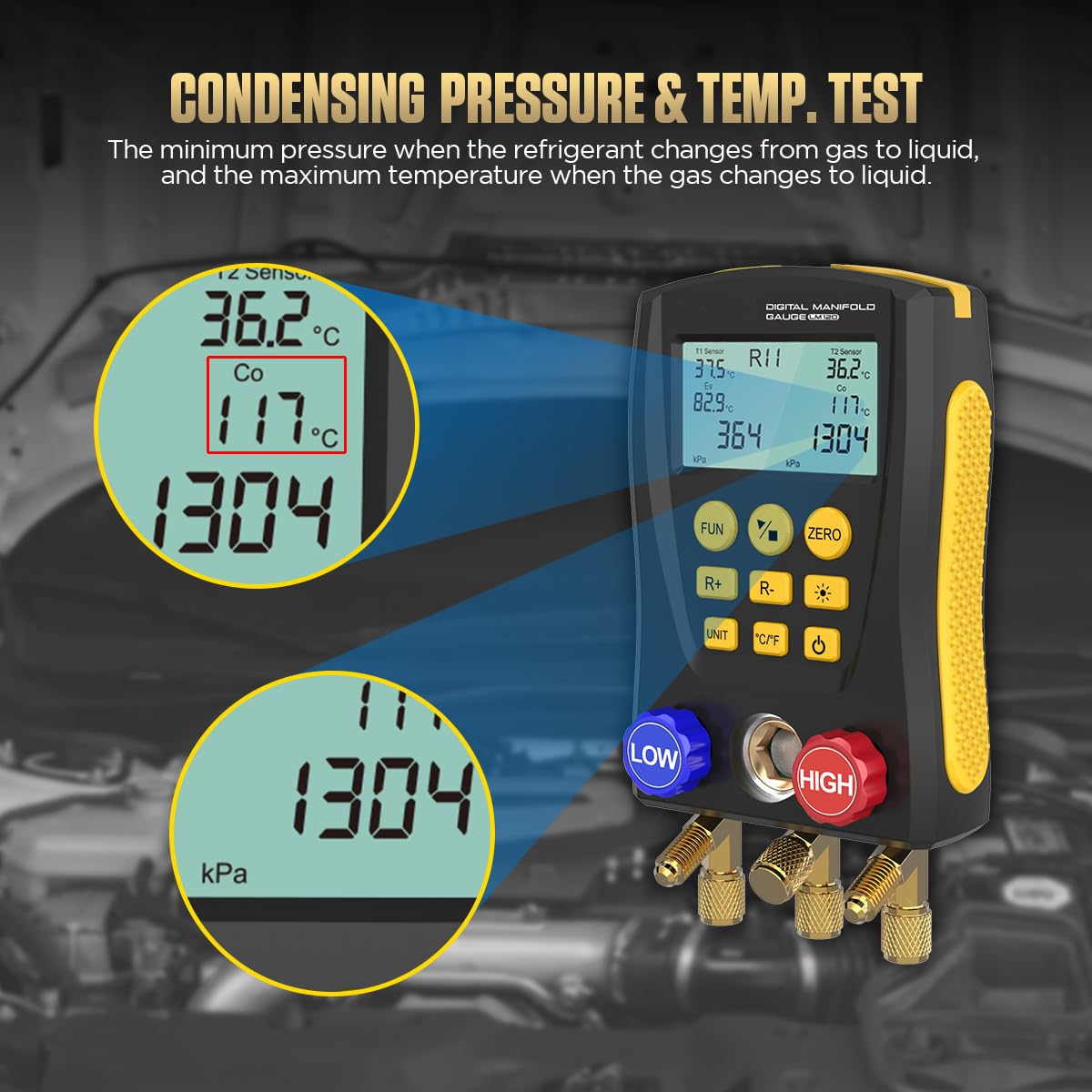 Digital Manifold HVAC Gauge Set, 92 Refrigerants Dual Pressure & Temp Test with Temperature Clips & Hoses, AC Vacuum Gauges for R1234YF R134A R404A R410A R32 R744 Refrigeration Recharge Kit, LM120+