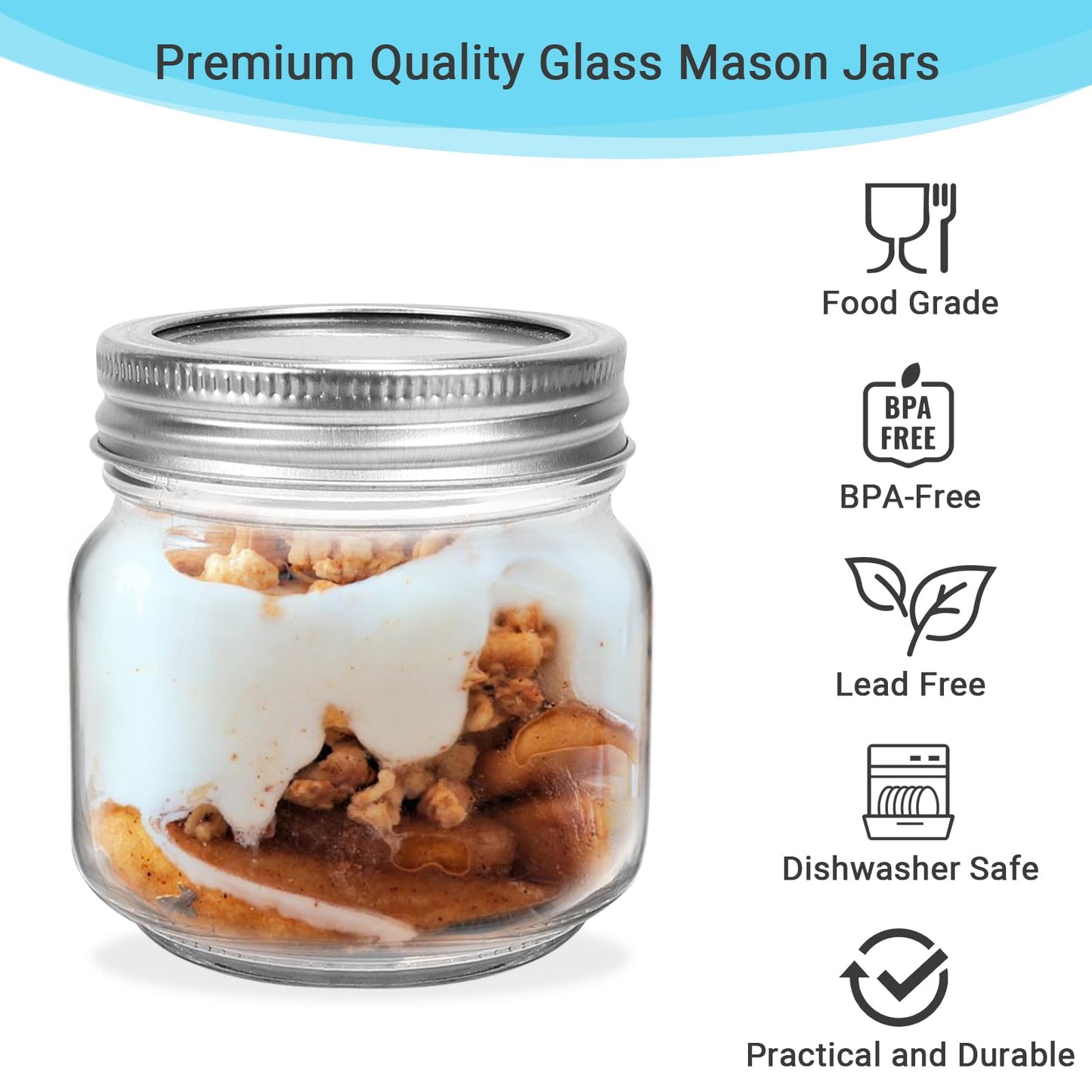 Waymind 8 oz Glass Mason Jars, 24 Pack Regular Mouth Glass Canning Jars with Silver Aluminum Lids and Bands, Airtight Jam Jars for Food Storage, Pickling, Fermenting, Honey, Jelly, DIY Candles Decor