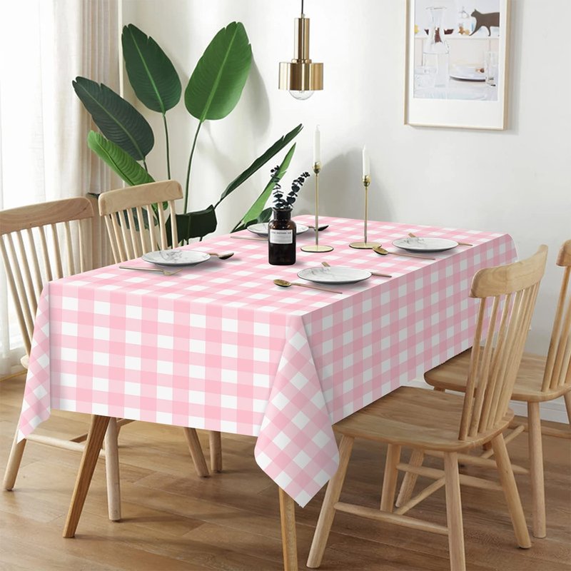 QIKSION Pink Gingham Tablecloth Disposable 12 Pack, 54 x 108 Inch Pink and White Checkered Table Cloth for Baby Shower, Easter, Mothers Day Decorations, Birthday Party, Rectangle, Plastic Table Cover