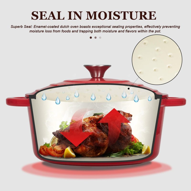 Overmont Enameled Cast Iron Dutch Oven - 7QT Pot with Lid Cookbook & Cotton Potholders - Heavy-Duty Cookware for Braising, Stews, Roasting, Sourdough Baking red