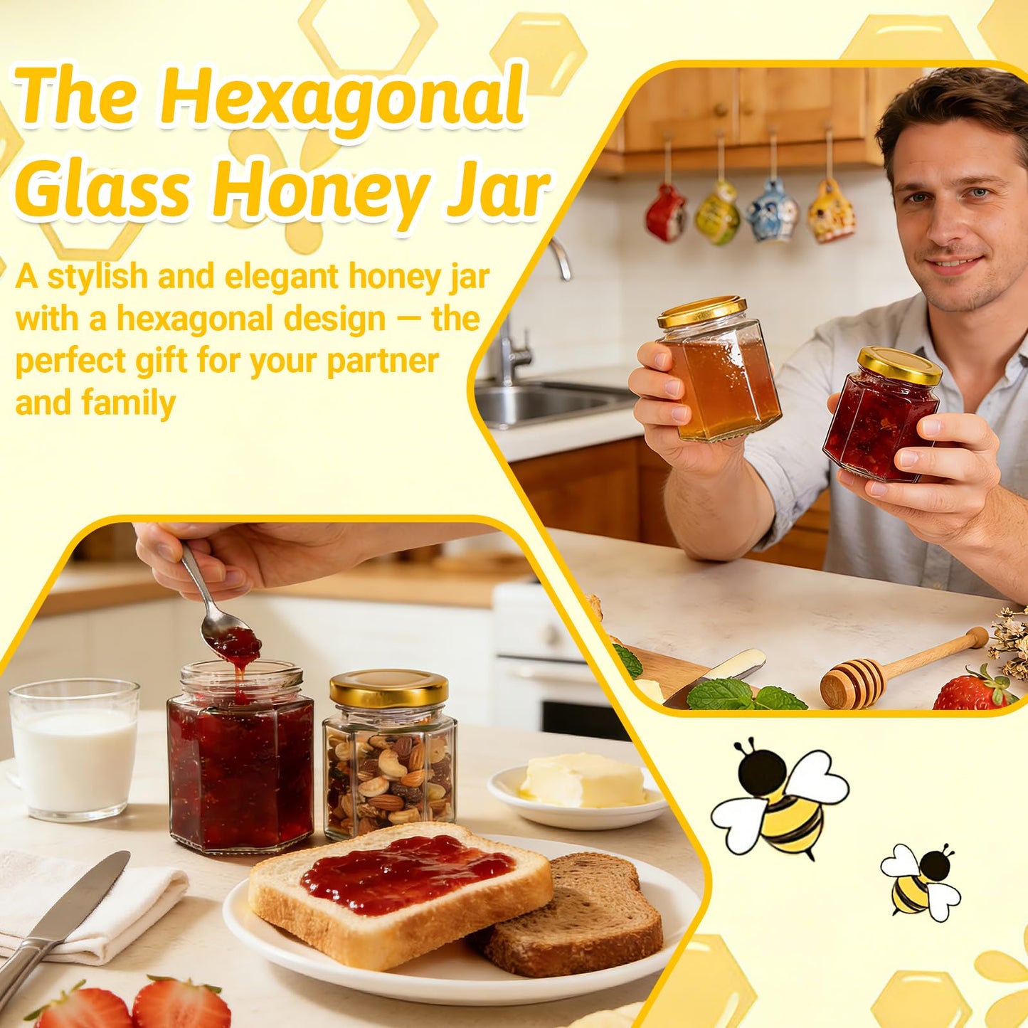 Haneye 3 oz Hexagon Glass Jars with Gold Lids, 30 Pack Honey Jars Canning Jars Small Spice Jars for Jelly, Herb, Jams, Candy, Wedding Favors, Includes Labels and Pen