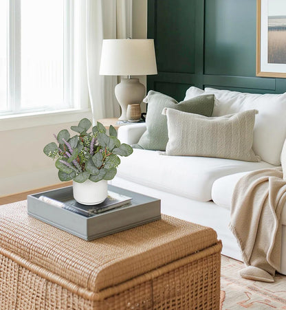 Small Artificial Plants Indoor, 9.8" Faux Eucalyptus Stems in Ceramic Pot for Table, Desk, Shelf, Fake Potted Plants Eucalyptus Leaves with Lavender for Centerpieces, Living Room, Bathroom, Bedroom