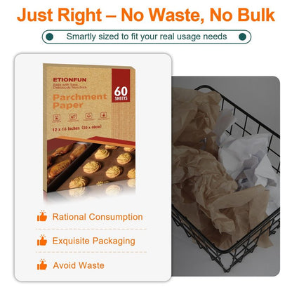 60Pcs Unbleached Parchment Paper Sheets for Baking. 12x16 Inches Parchment Paper, Precut Baking Paper Sheets, Parchment Sheets for Air Fryer, Grilling, Steaming.