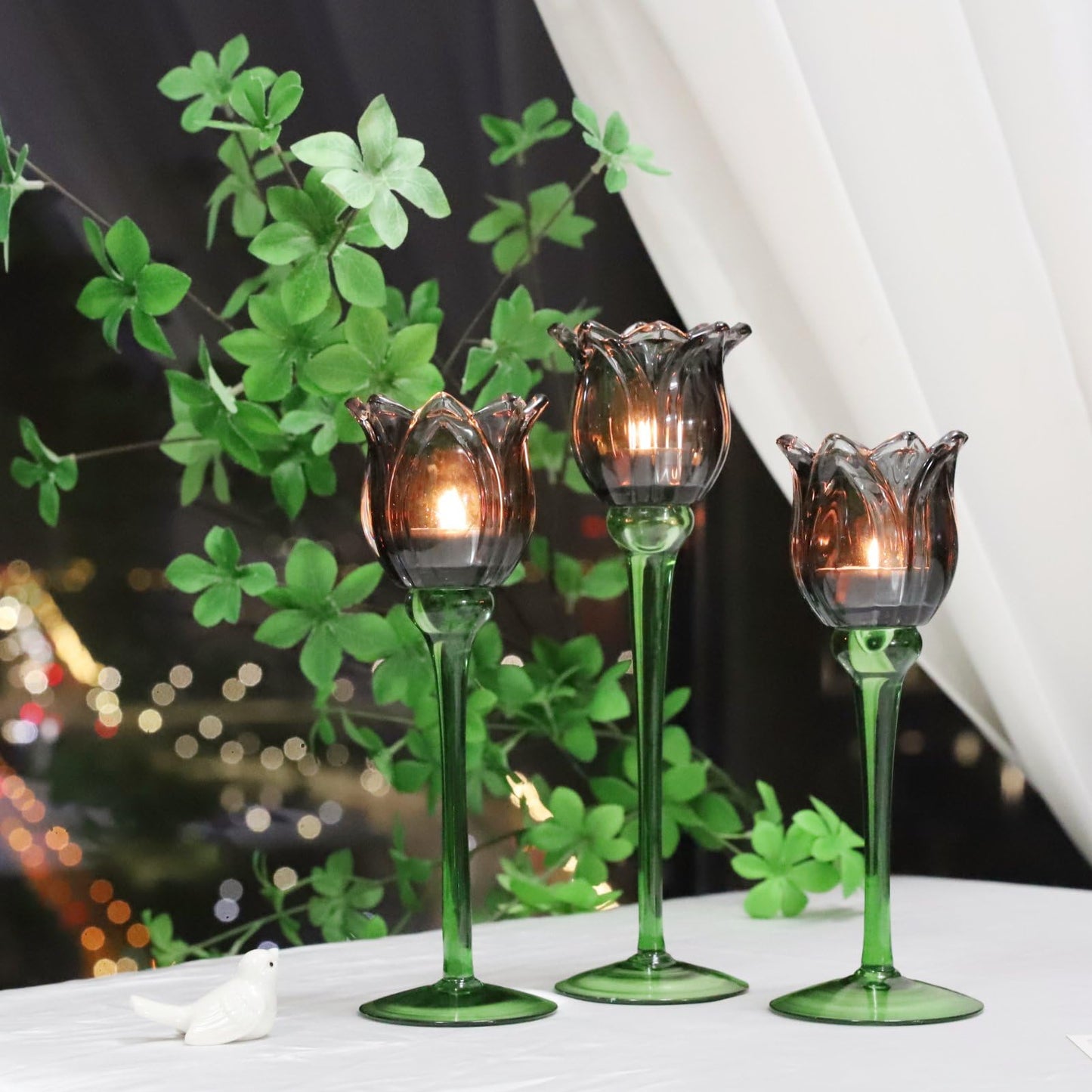 VOHO Light Black Flower Tealight Candle Holder Set of 3, Holiday Decorative Votive Candle Holders for Halloween Theme Party, Different Heights Tulip Tea Lights Candle Holder for Modern Farmhouse Decor