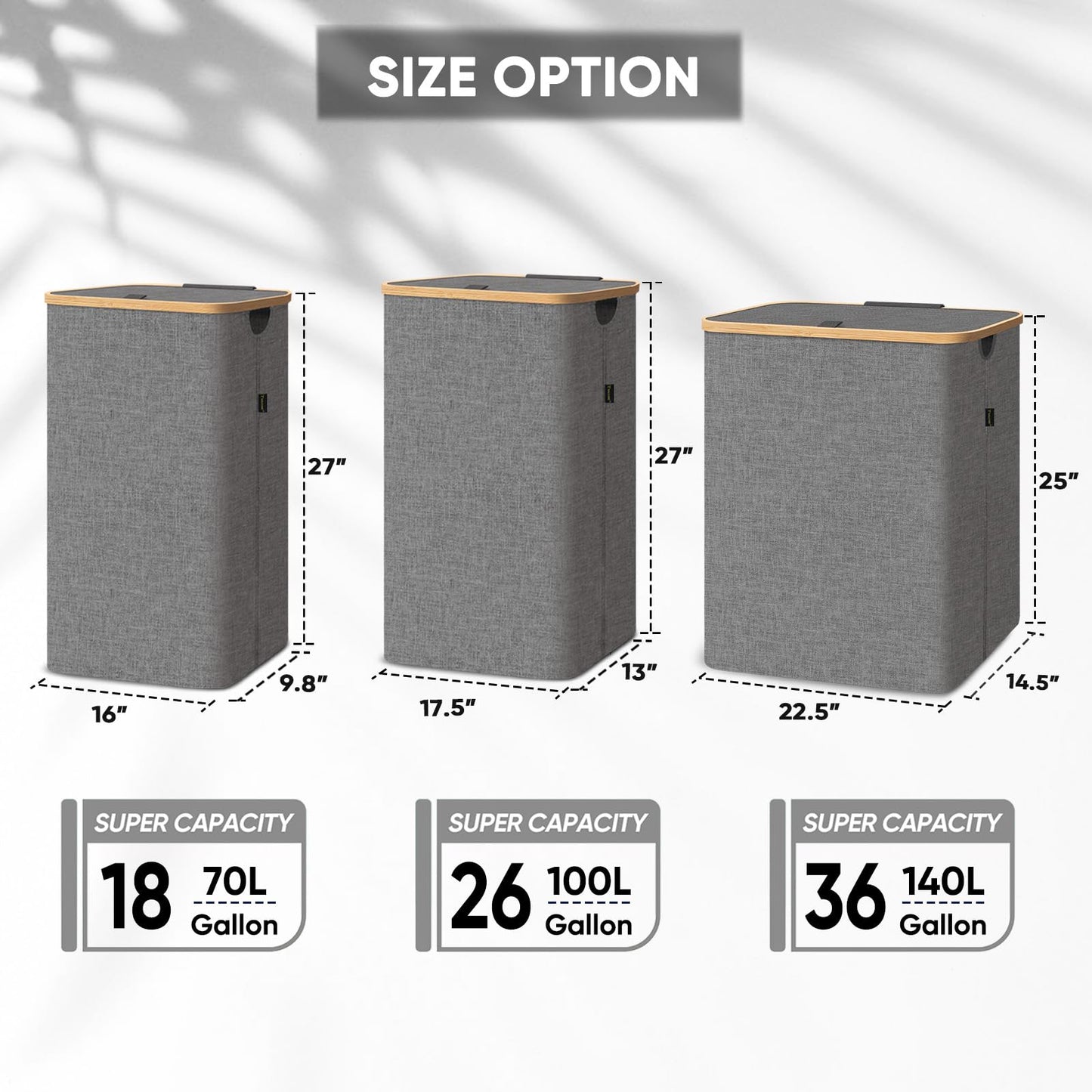 BALEINE Laundry Hamper with Lid, Tall Laundry Baskets with Bamboo Pull Handles, Large Laundry Bin with Internal Support (26 Gal/100L, Beige)