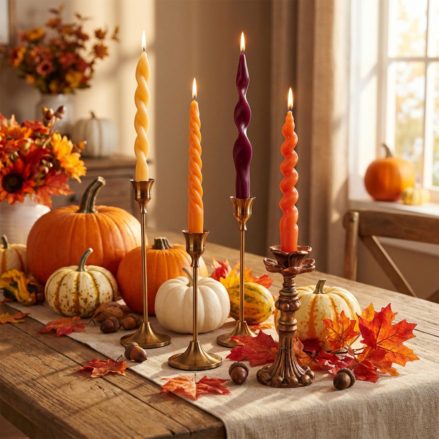 AnyDesign 4Pcs Fall Twisted Taper Candles Autumn Orange Red Yellow Wax Long Unscented Spiral Swirl Candlesticks for Thanksgiving Holiday Dinner Party Home Decor