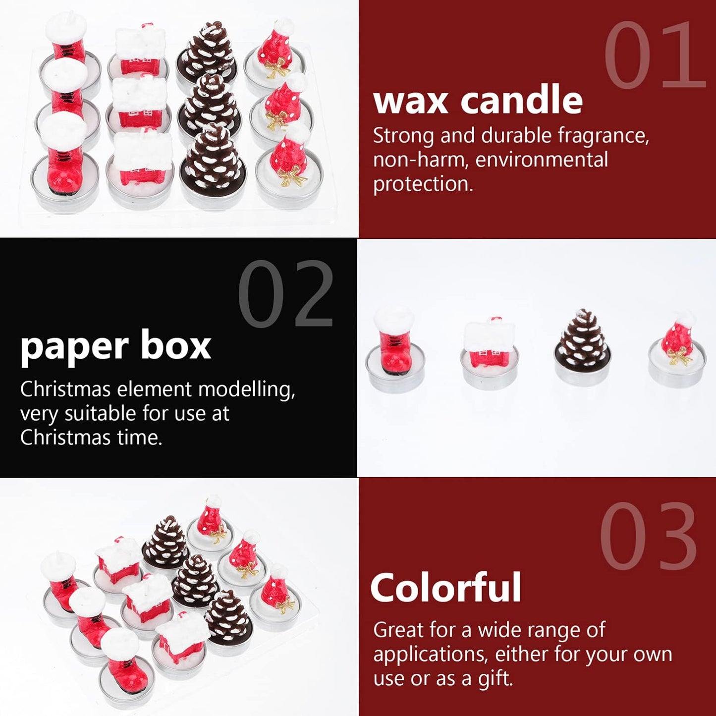 12 Pieces Tealight Candles Handmade Delicate Santa Hat Claus Christmas Tree Candle Wax Snowman Elk Pinecone House Candles for Party Wedding Spa HomeChristmas Decoration