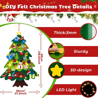 TonJin Felt Christmas Tree Set for Toddlers Kids with 3m/9.8ft Led String Light, 3.2ft/98cm Wall Hanging DIY Christmas Tree with 32 Detachable Ornaments for Xmas Home Decoration