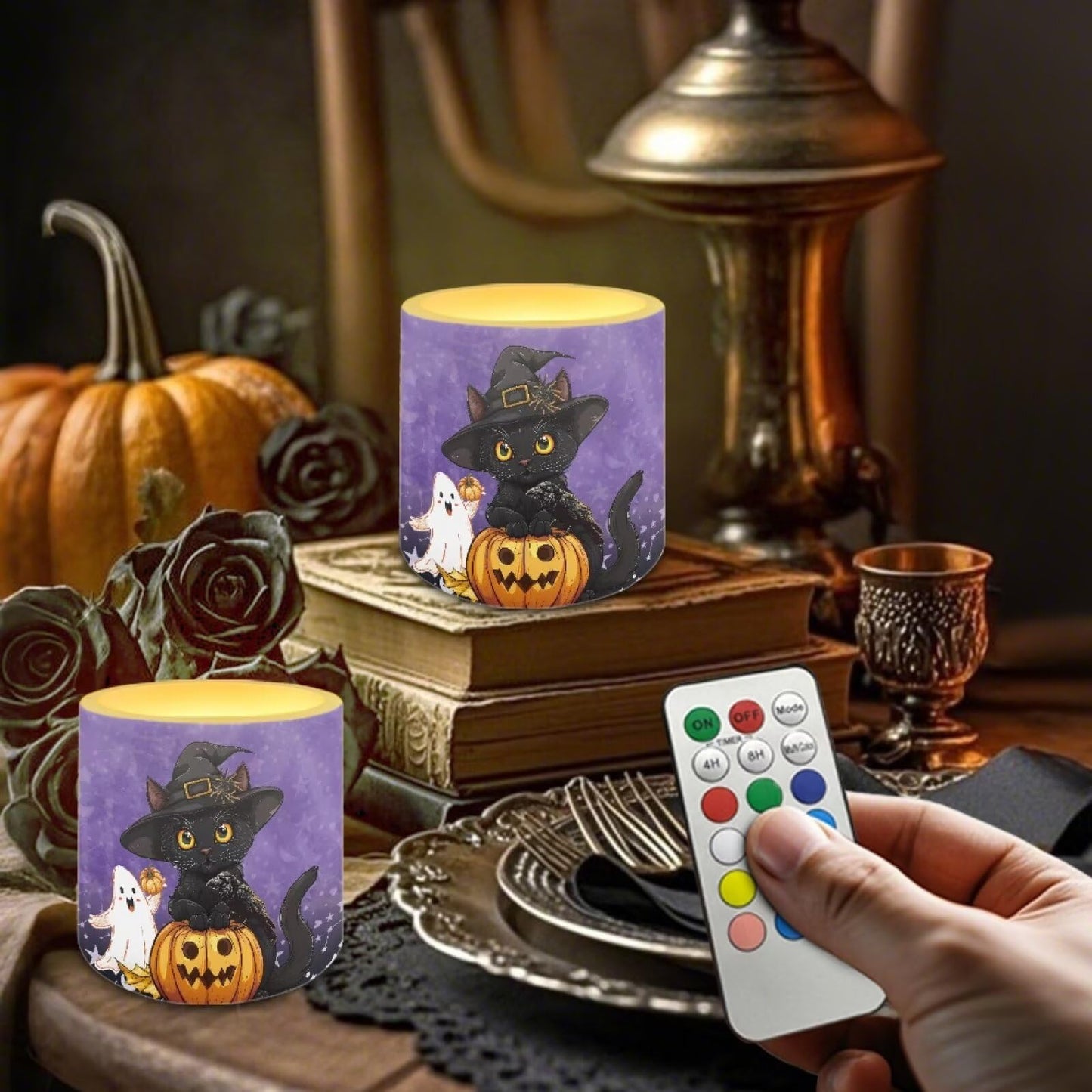 Merkmak Halloween Day Flameless Candles with 18-Key Remote Battery Operated Candles with Timer, Ghost Black Cat Pumpkin Print Flickering LED Elictric Pillar Tealights for Party Banquet