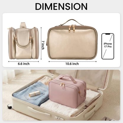 Travel Makeup Bag Women's Large Capacity Cosmetic Portable Organizer Large Opening Waterproof Storage Toiletry Bags Vertical Free-Standing Brush Holder for Easy Access Copper