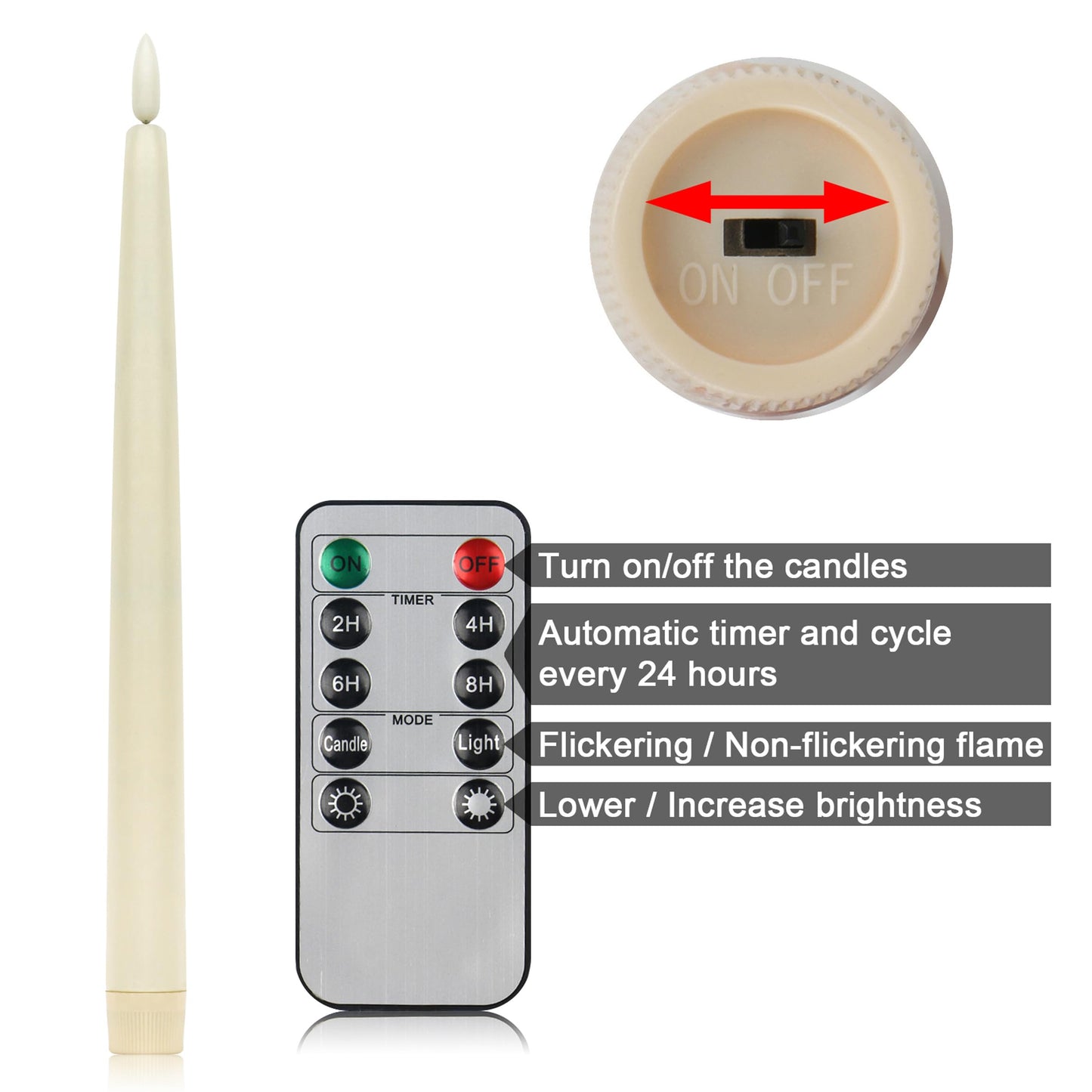 CVHOMEDECO. Flameless Taper Candles with 10-Key Remote, Battery Operated Led Flickering 3D Wick Window Candles Real Wax Finished Home Christmas Party Decor 0.78 x 11 Inch, Pack of 3, Ivory