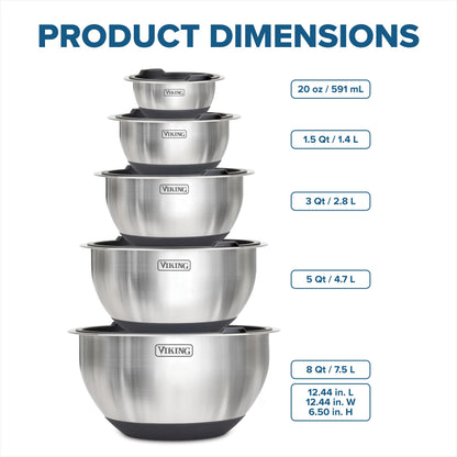 Viking Mixing Bowls Set, 10 Piece Stainless Steel Kitchen Cookware, Non-Slip Silicone Base, Includes Tight Fit Lids, Dishwasher Safe, Black