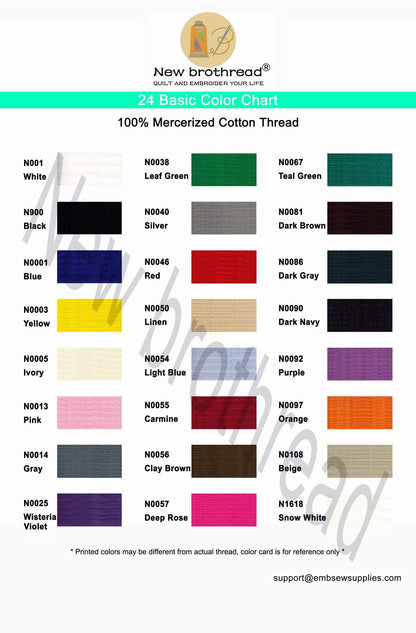 New brothread - 18 Options - Multi-Purpose 100% Mercerized Cotton Threads 50S/3 600M(660Y) Each Spool for Quilting, Serger, Sewing and Embroidery - 24 Basic Colors