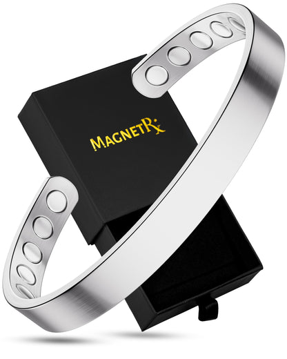 MagnetRX® Magnetic Bracelets for Men - Elegant Bangle, Golf/Tennis Elbow & Balance - Men’s Cuff Magnetic Bracelet (Polished Silver | Large)