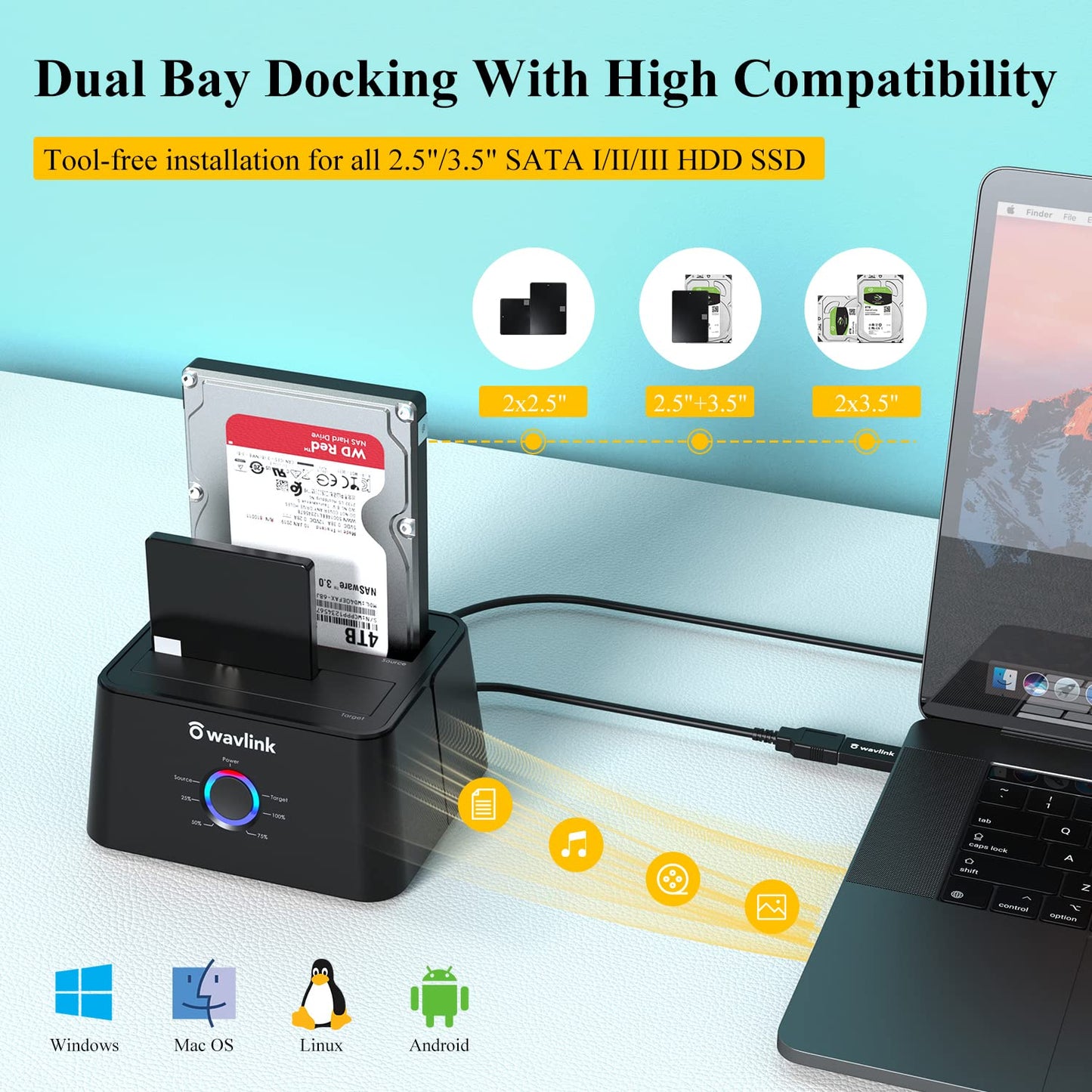 WAVLINK USB 3.0 and USB C to SATA Dual-Bay External Hard Drive Docking Station for 2.5/3.5 Inch HDD/SSD with UASP (6Gbps), Support Offline Clone/Duplicator Function [16TB X2 ]-Black
