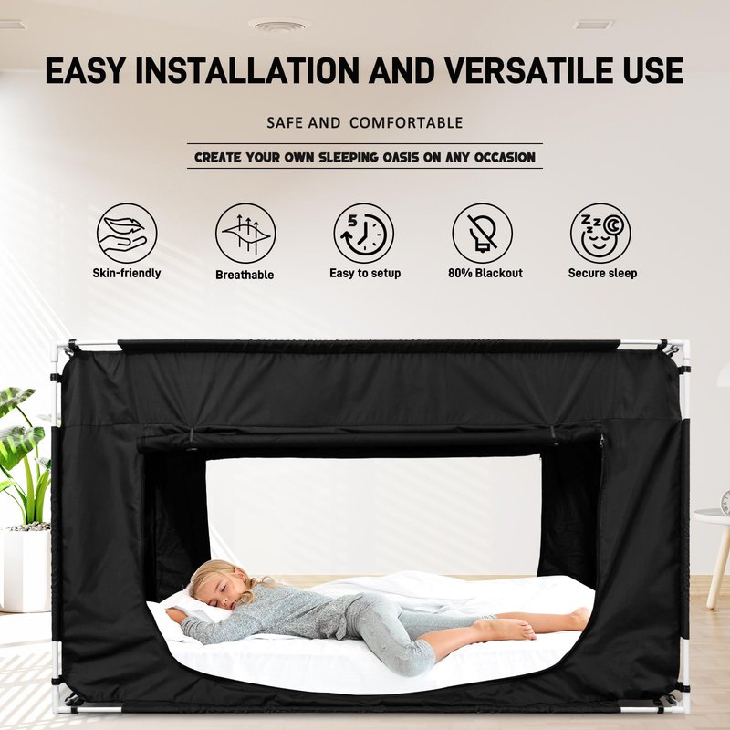 Quinnsus Bed Tent Bed Canopy Full Size Tents for Adult and Kids - Portable Sleeping Bed Tents 80% Blackout with 4 Doors Breathable Private Space Tents(Mattress Not Included)
